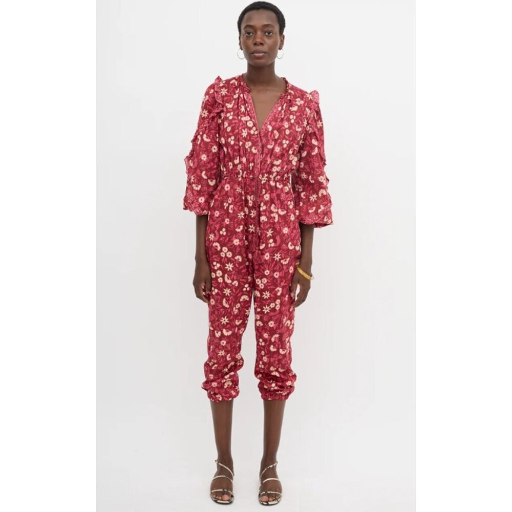 Ulla Johnson Delphine Floral Long-Sleeve Jumpsuit Cotton Red Burgundy, Size 0